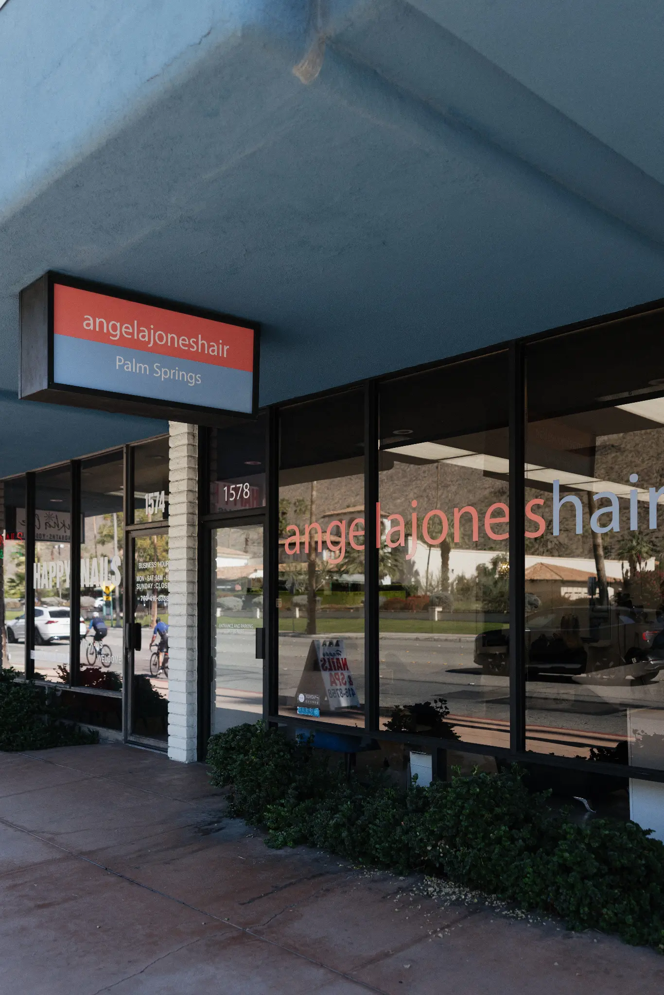 The angelajoneshair salon exterior on South Palm Canyon Drive, Palm Springs